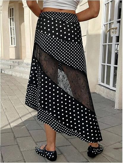 Black Polka Dot Midi Skirt With Lace Panels image 5